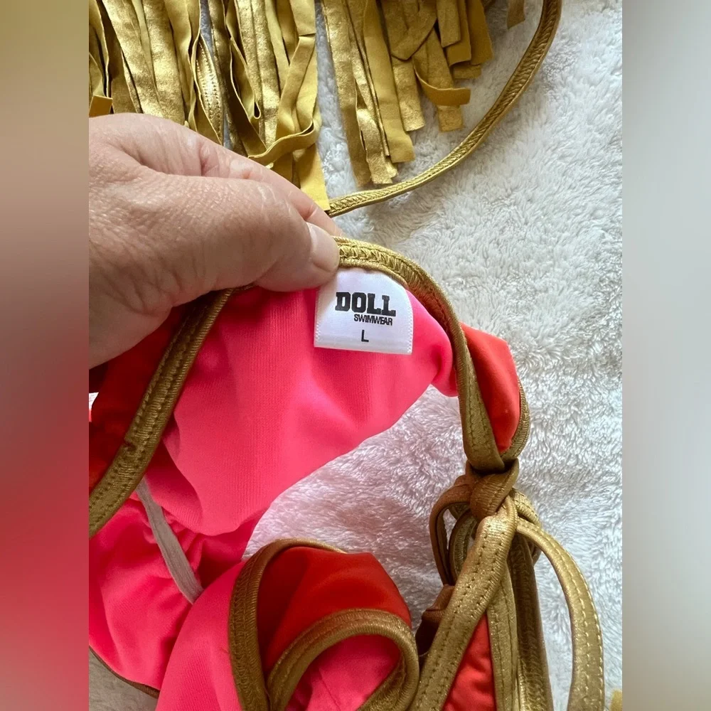 Doll Swimwear Corral and gold trim fringes scrunch butt two piece set